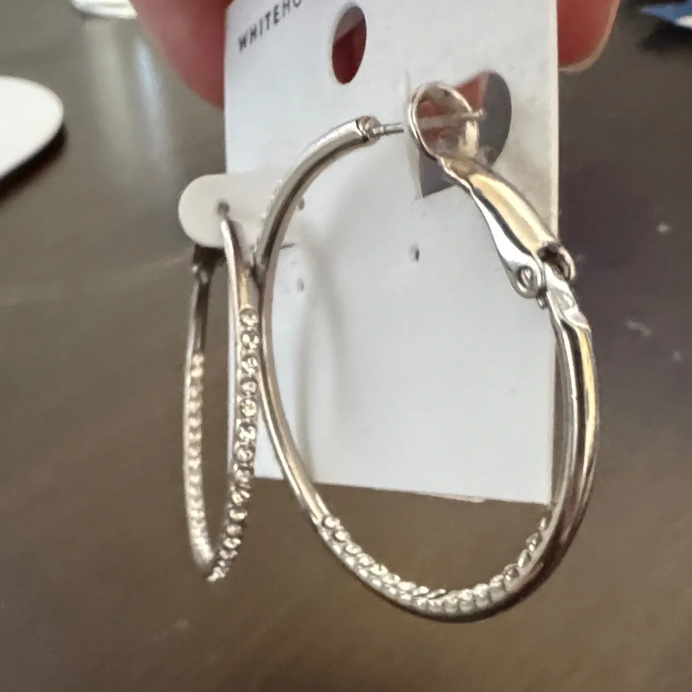 Silver with CZ Diamond Hoop Earrings - Picture 3 of 5